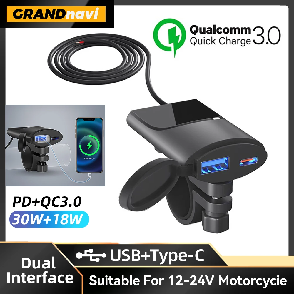 USB Motorcycle Charger Type-C +A Waterproof Fast Charger Socket Adapter Handlebar Mounting Bracket Charger 12V/24V Motorcycle