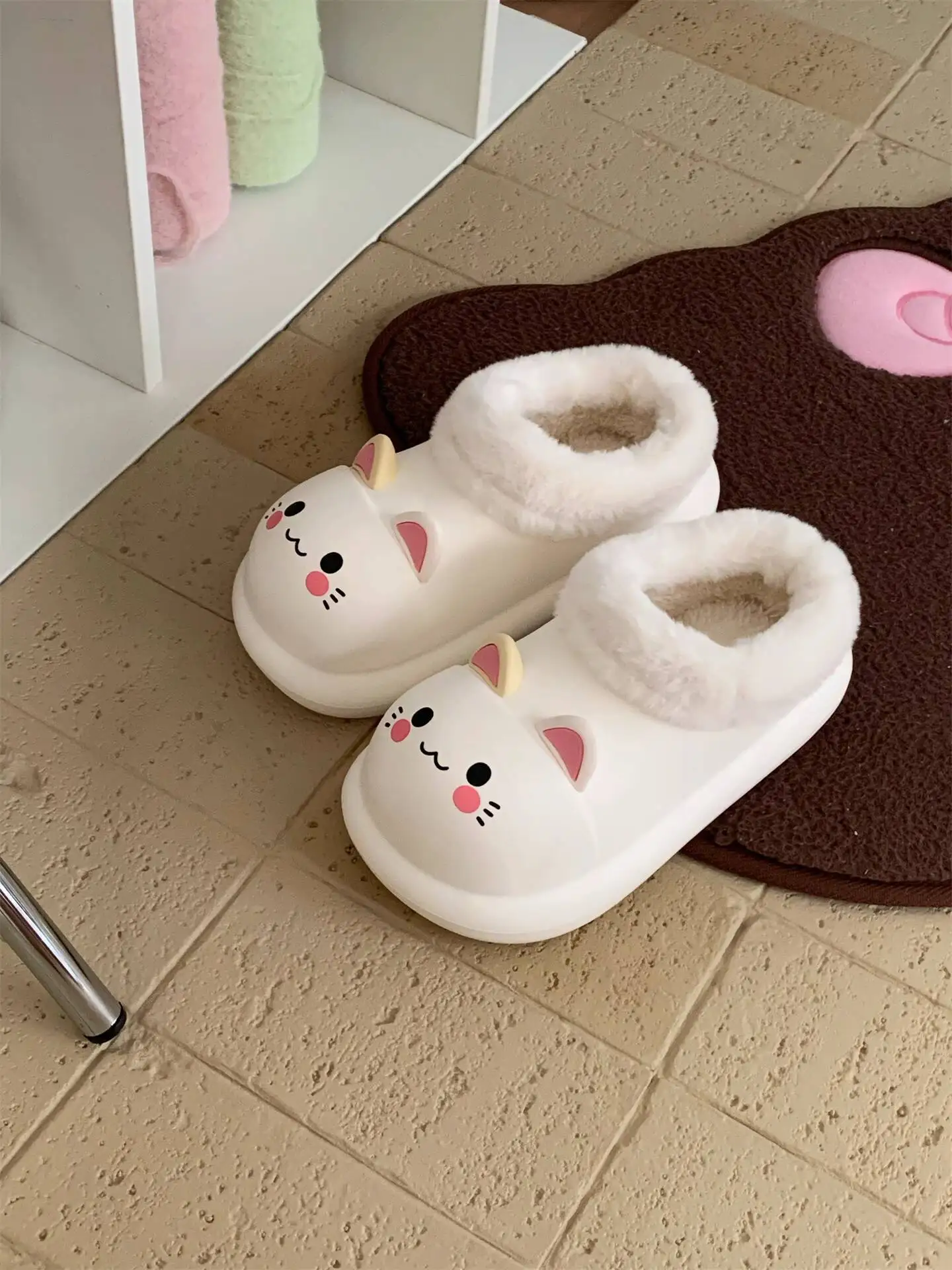 

Women Home Slippers 2025 Autumn Winter Waterproof Cat Cotton Slippers Soft Cute Fleece Lined Lolita Plush Shoes For Outdoor Wear