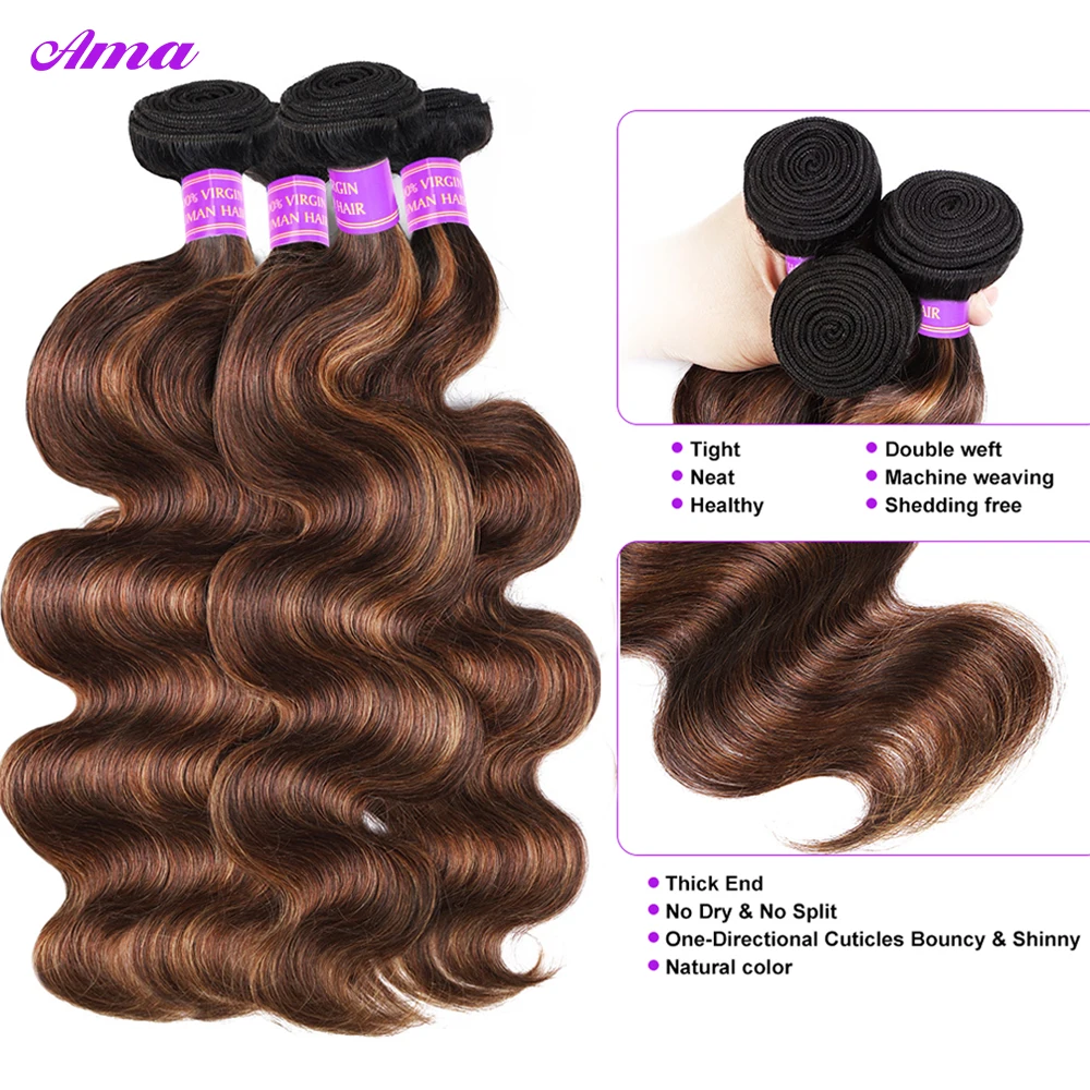 FB 30 Brown Highlight Body Wave Bundles Ombre Colored Human Hair Bundles 1 3 4 Bundles Deal Piano Color Remy Human Hair Weave