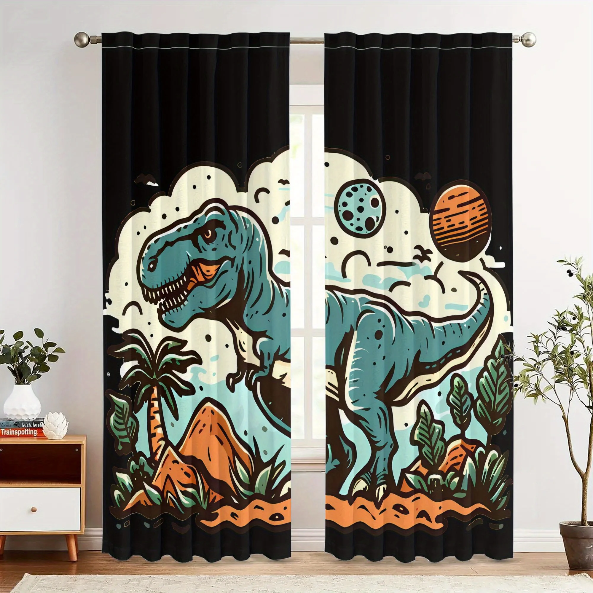 curtain2pcs Tyrannosaurus Rex Dinosaur Curtains- Retro Blackout Curtains with Grommet Top, Polyester Machine Washable