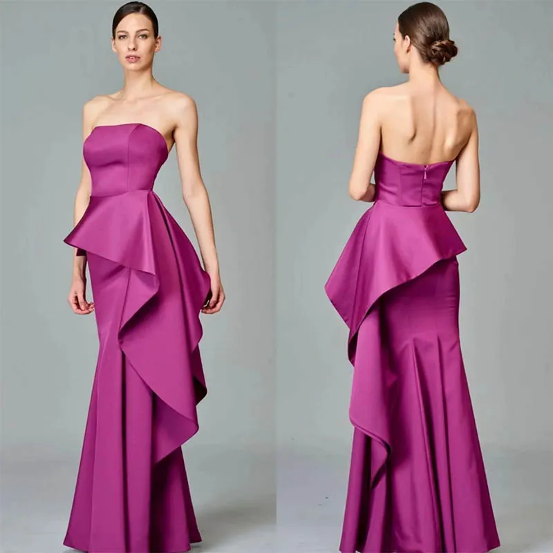 

Stylish Elegant Long Mermaid Purple Satin Mother of the Bride Dresses With Ruffles Strapless Floor Length Dress for Wedding