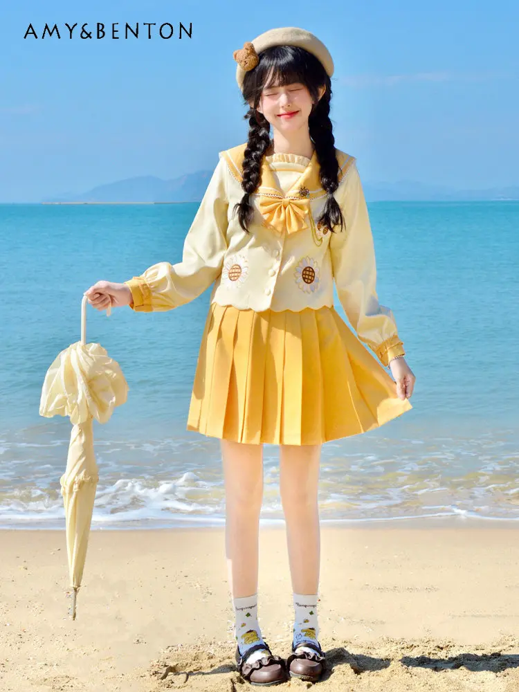 

Spring Autumn Japanese Style College Girl Sunflower Embroidery Long Sleeve Top Yellow Pleated Skirt JK Uniform Set for Women