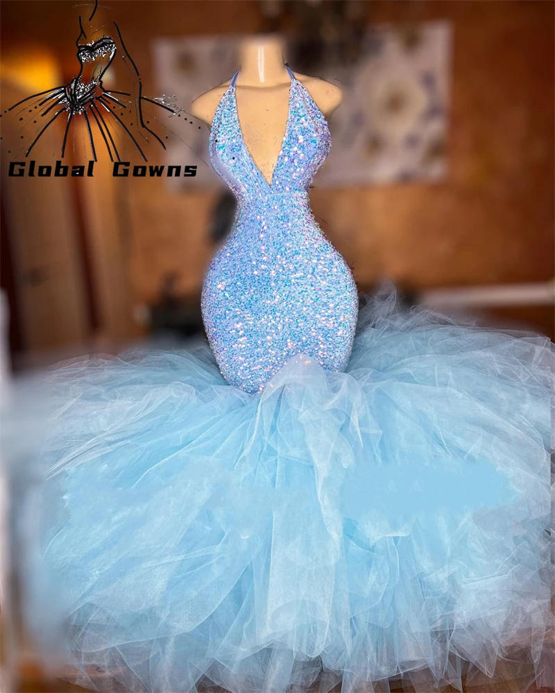 Sky Blue Halter Lange Prom Dress Voor Zwarte Meisjes 2023 Sparkly Lovertjes Verjaardagsfeestje Jurken Ruches Avondjurken Mermaid Robe