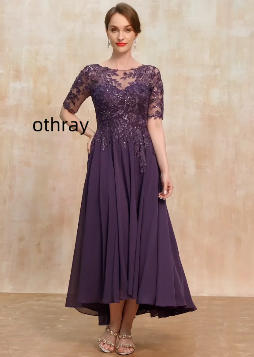 Othray A-line Scoop Illusion Asymmetrical Chiffon Lace Mother of the Bride Dress With Sequins vestidos de novia 2024