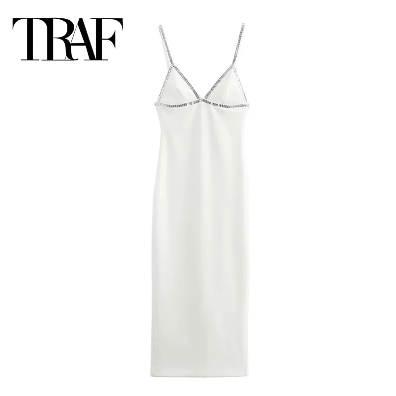 

TRAF Rhinestone Slip Midi Dress Woman Sleeveless Backless White Corset Dress Woman Summer Sexy Evening Elegant Party Dresses