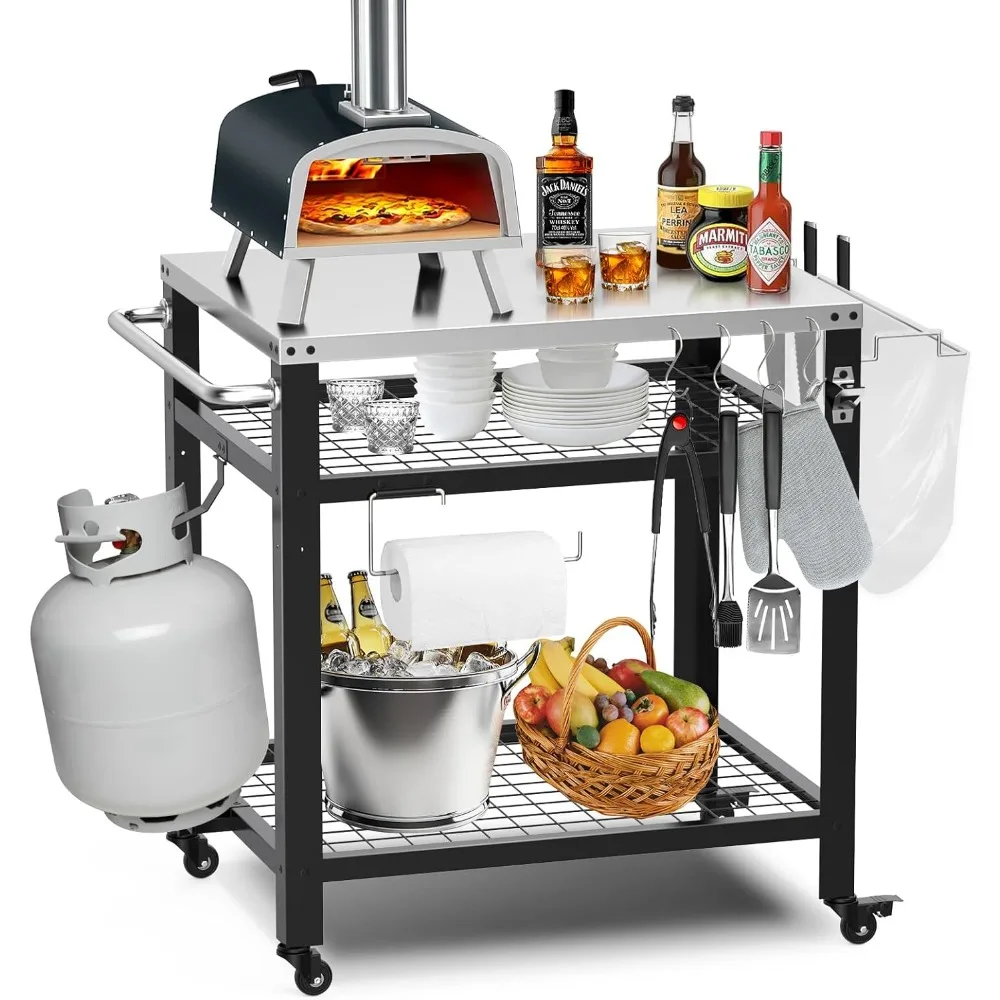 Mesa de horno de pizza de acero inoxidable para Ooni, carrito de parrilla para exteriores de 650 libras con ruedas y asa, carrito de preparación de alimentos de tres estantes 32x24 f