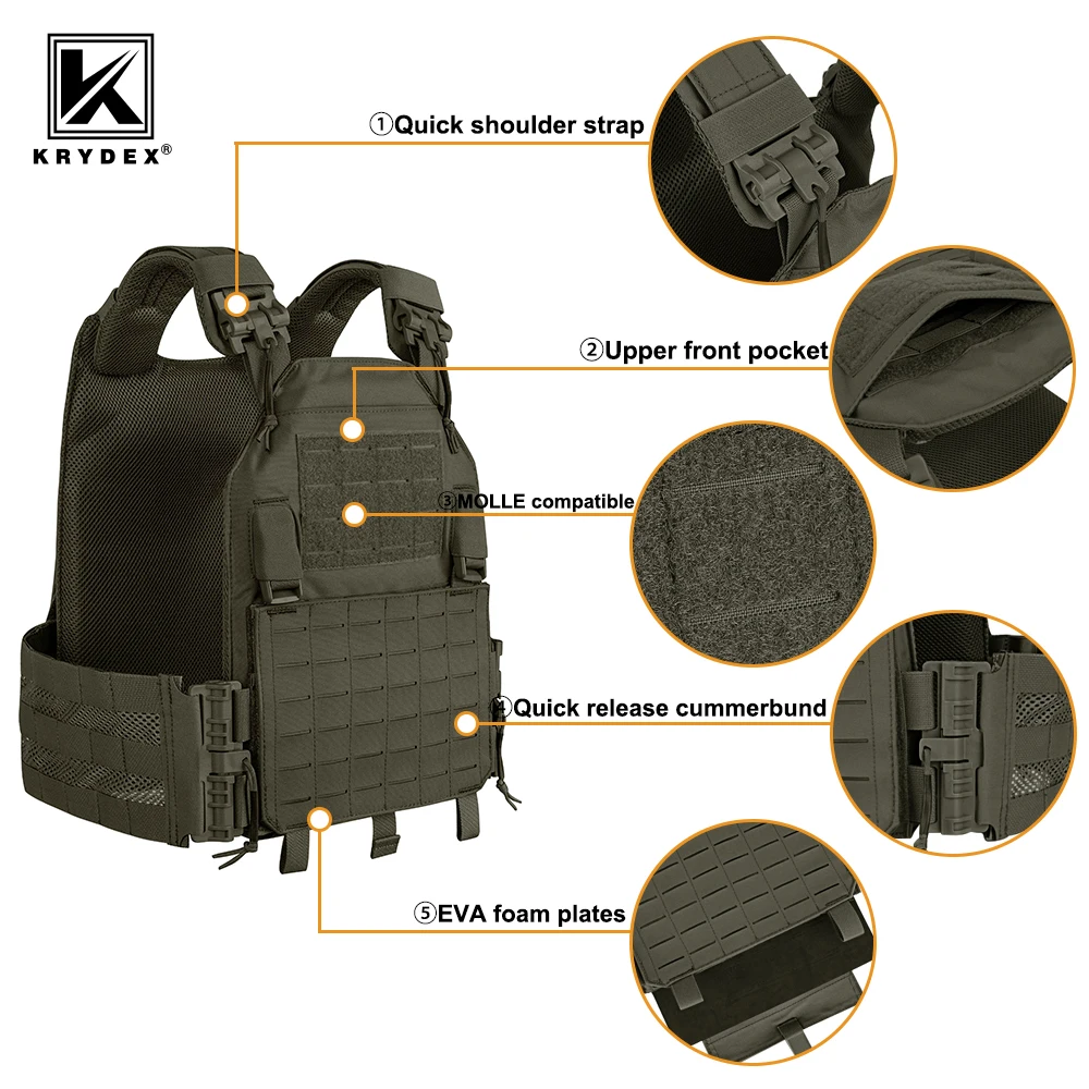 KRYDEX 500D Tactical Vest Laser Cutting MOLLE LAVC Plate Carrier Quick Release Buckle Airsoft Combat Paintball CS Vest Gear