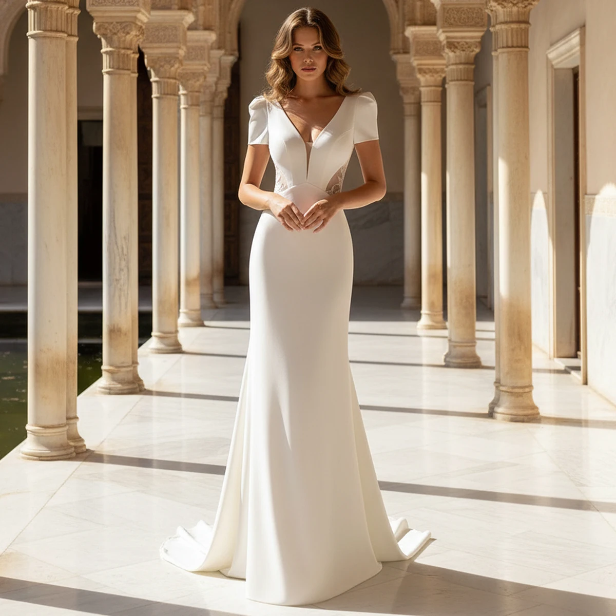 

Elegant Satin V Neck Wedding Dresses With Sleeves 2026 Backless Mermaid Long Bridal Party Gown For Women Vestidos Novia