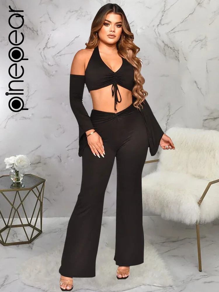 PinePear Halter Bandage 2 Piece Sets Women Off the Shoulder Long Sleeve Crop Top and Flare Pants Elegant Sexy Party Outfits 2025