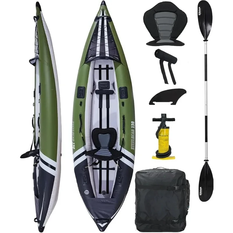 Outdoors Steelhead Inflatable Fishing Kayak - Angler Blow Up Kayak, includes Paddle, Seat, Hard Mounting Points, Bungee Storage