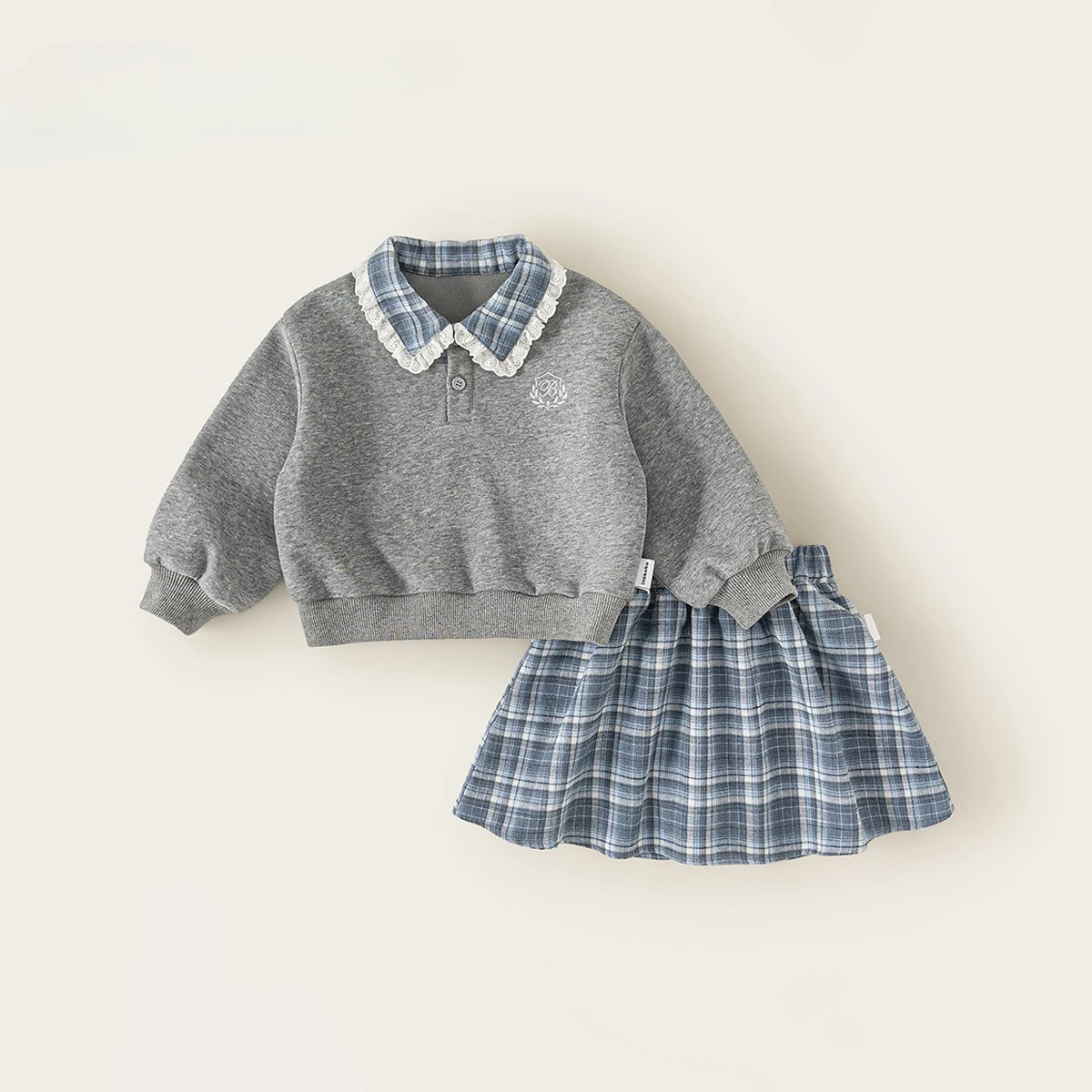 Suit New Ruffle Design Top Autumn Plaid Pleated Skirt Children's Two-piece Outerwear Cute Style Sweet Elegant