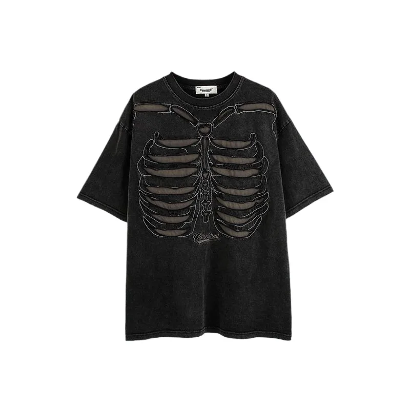 

Men's High Street Skeleton T Shirts Fashion Streetwear Hip Hop Tees Washed Vintage Short Sleeve Shirt Summer Tops