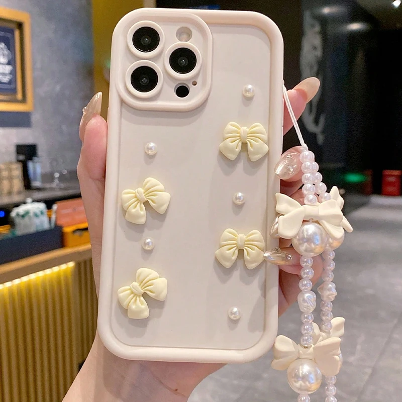 Custodia per telefono in silicone coreano 3D Bowknot Perla per iPhone 16 17 Pro 15 14 13 12 11 Pro Max 16E 7 8 Plus con copertura morbida con cordino