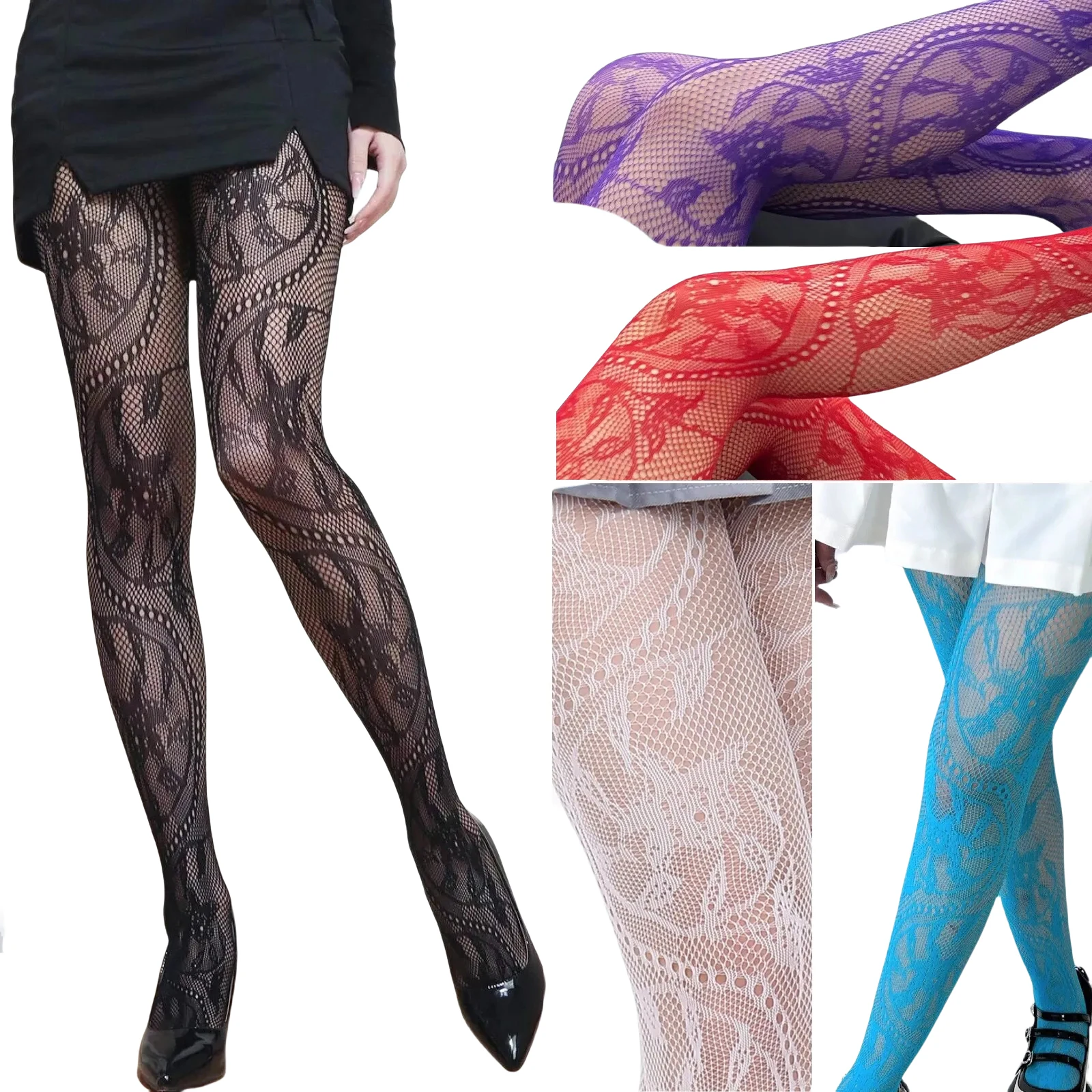 Women\'s Y2k Fishnet Styling Fashion Colored Tights One Size Purple Vine Gothic Carriage Wheel Patterned Tights Hosiery Stockings