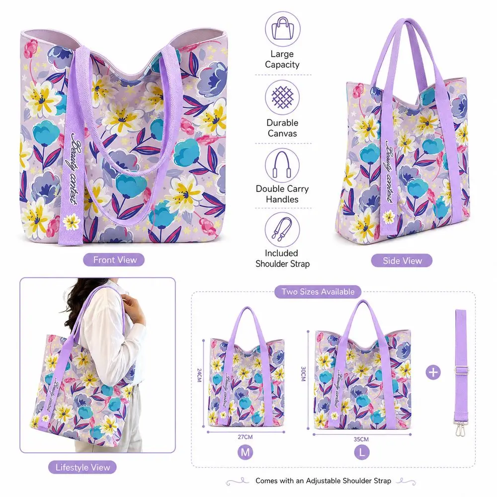 Cartoon Floral Canvas Bag Reusable Large Capacity Shoulder Bag Lightweight Versatile Lunch Bag Women's Accessories
