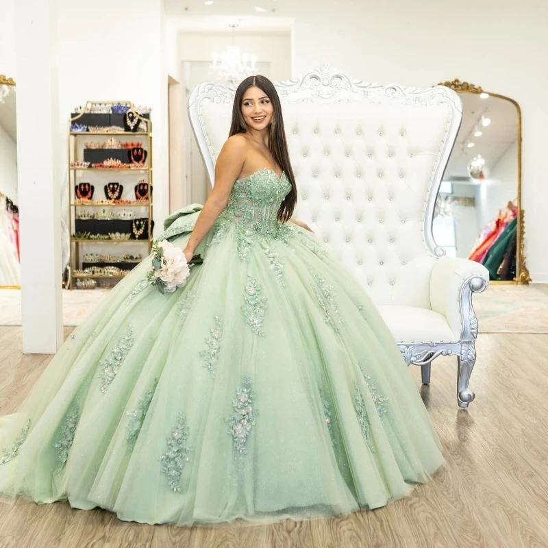 ANGELSBRIDEP Sage Green Quinceanera Dresses With Bow 3D Flowers Beading Appliques Vestidos De 15 Anos Birthday Party Princess