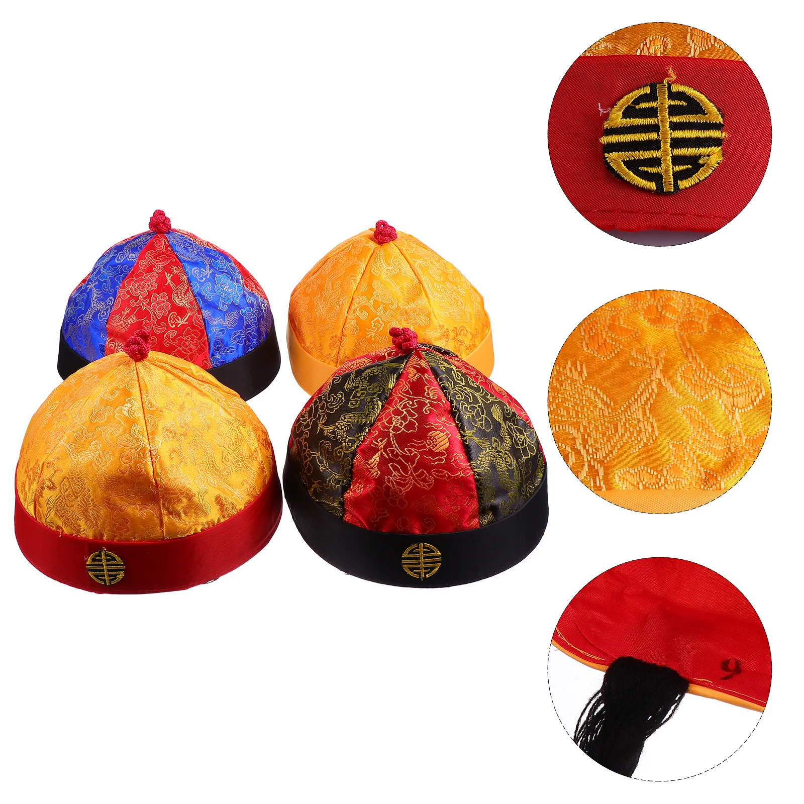 4 pcs Qing Dynasty Prince Hats Vintage Cloth Costume Caps Exquisite Patterns Smooth Fabric Royal Headwear Creative Performance