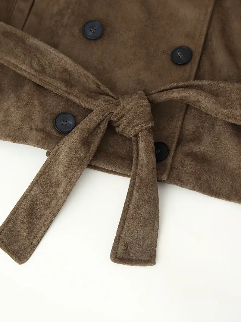 Damen-Weste aus Wildlederimitat, ärmellos, doppelreihig, mit selbstbindendem Gürtel, hohem Kragen, Taschen, Schulterklappen, Oberbekleidung, Top 2026 – Detail 11
