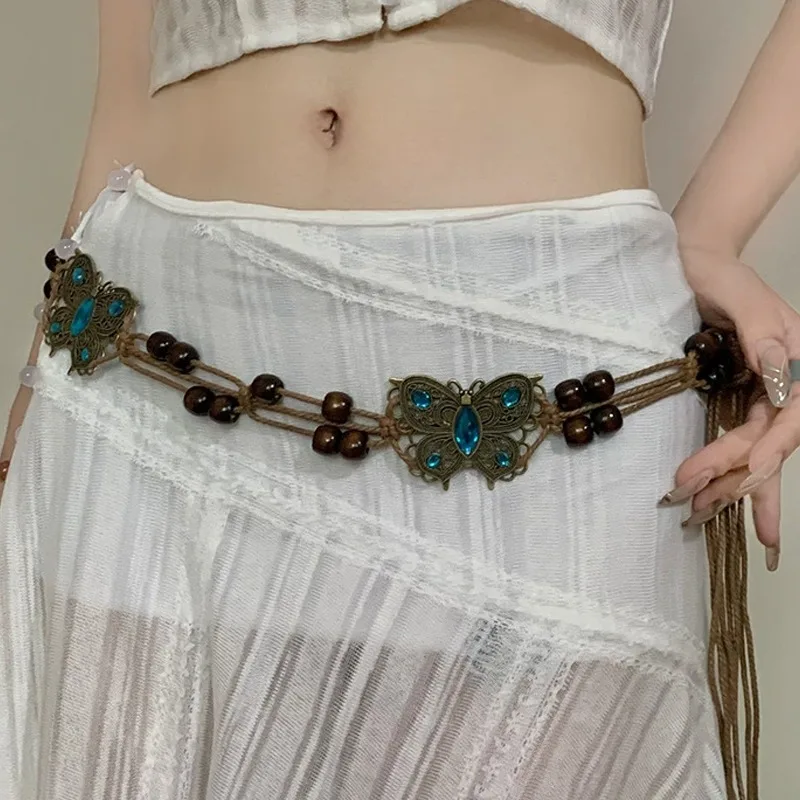 Bohemian Style Butterfly Water Diamond Woven Ethnic Style Handmade Wooden Bead Women's Belt Casual Vacation Style Waist Rope