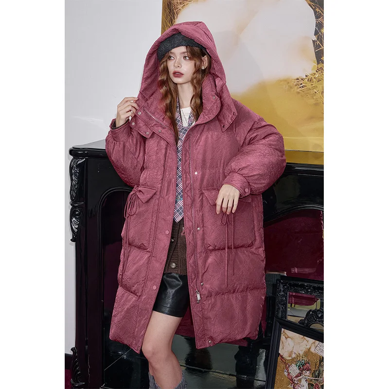 ELFSACK 2024 Winter New Arrivals Fashionable loose contrast color mid-length hooded warm down jacket for women