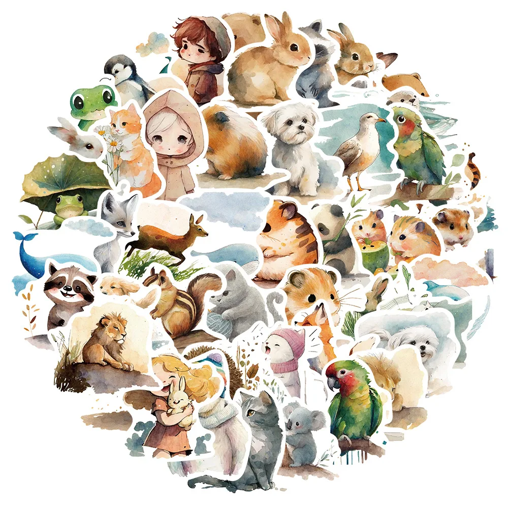 10/30/50pcs Cartoon animal children's watercolor illustrations Decoration Gift For Kids DIY Notebook Phone Bike Laptop stickers