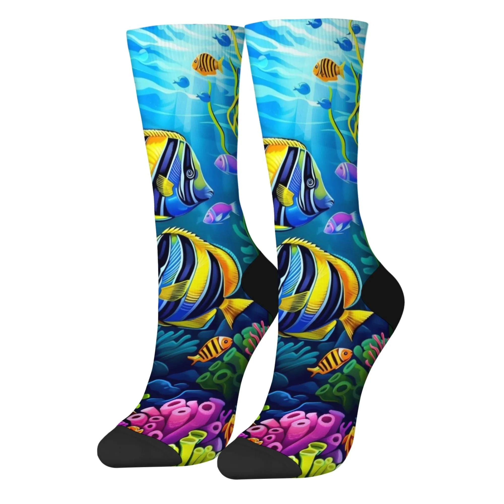 Ocean Tropical Fish Print Men's Socks Novelty Harajuku Retro Street Casual Compression Socks Breathable Non-slip Socks Fun Gift