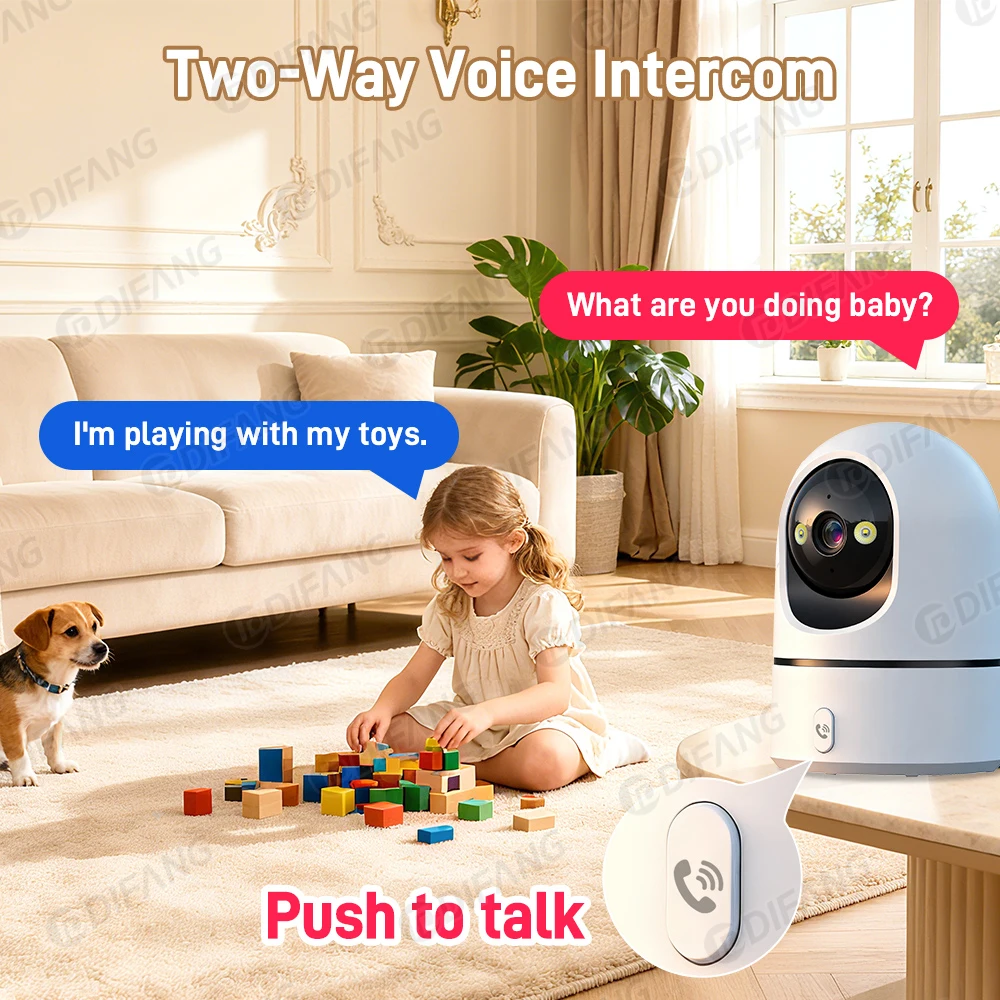 DIFANG 5MP واي فاي كاميرا للحيوانات الأليفة بنقرة واحدة مكالمة فيديو 2K كاميرا أمنية داخلية للرؤية الليلية الطفل/الكلب/الحيوانات الأليفة مراقبة واي فاي داخلية