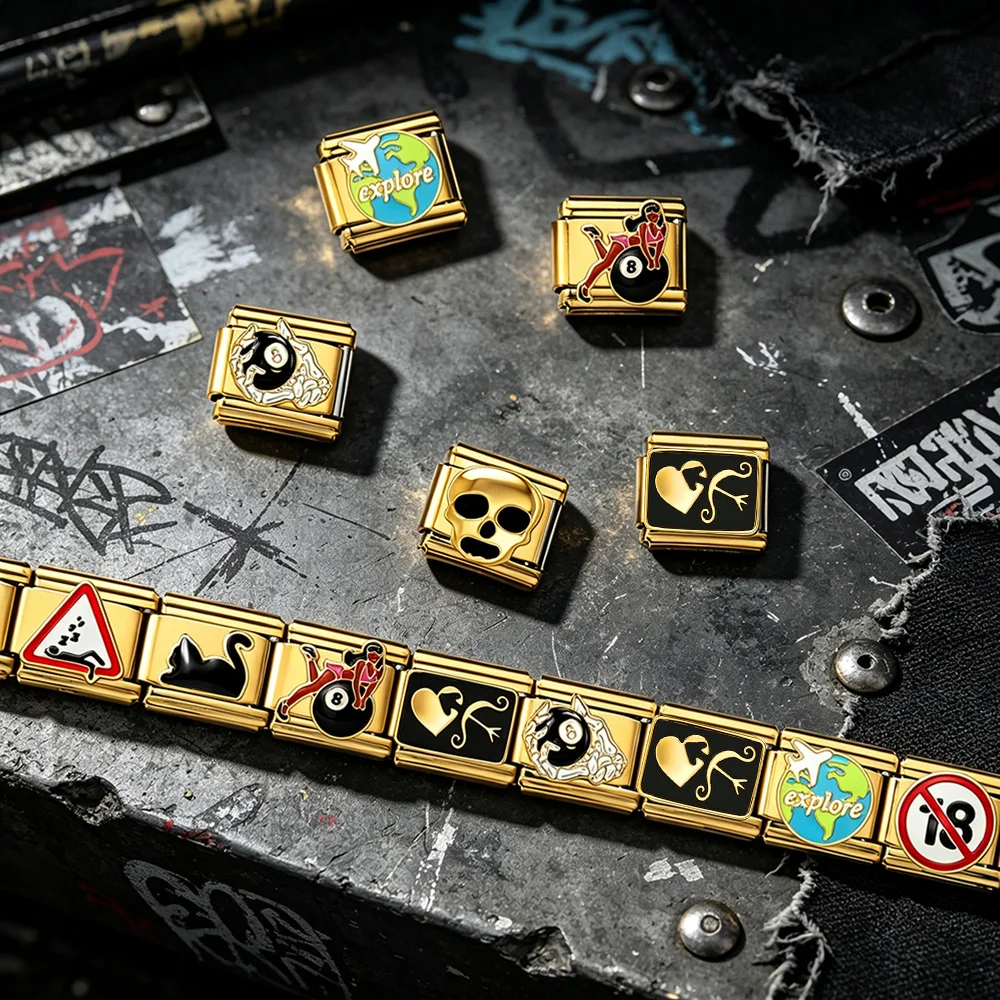 9mm Klassisches Italienisches Armband mit Charms in Goldfarbe, Totenkopf-, Reise-, Planeten-, Katzen- und Billardmuster, Edelstahl-Schmuck, Geschenk – Detail 4