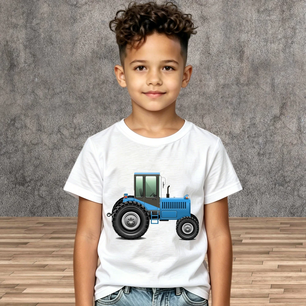 Children Summer Casual Tops Boys Engineering Tractor Print Cotton Short Sleeves T-Shirt
