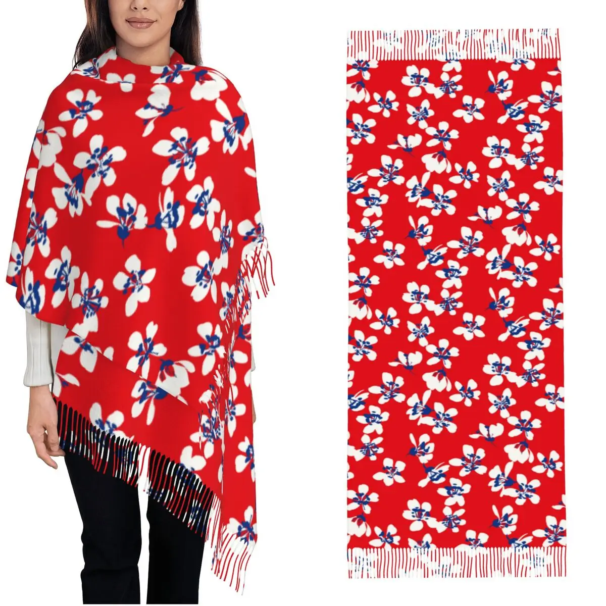 Women's Tassel Scarf Hand Drawn Abstract Flowers Large Winter Fall Shawl and Wrap Floral Ditsy Print Daily Wear Cashmere Scarf