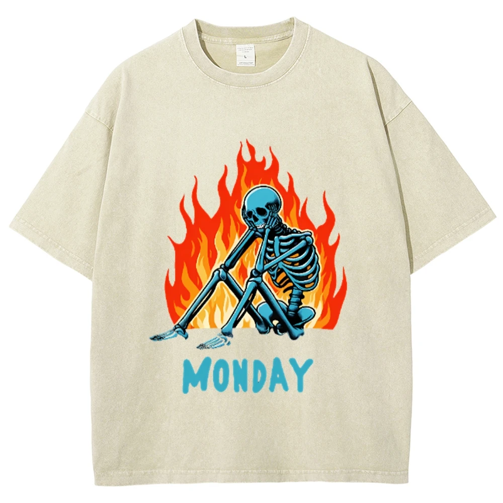 

Рубашка с черепом Fire Monday, винтажная стираная футболка, топ унисекс, рубашка y2k, женская одежда, забавная рубашка с рисунком