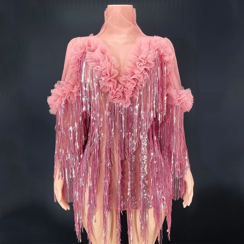 

Women Sexy Sequin Gauze Sleeves Dress Pink Fringed Bodysuit Stage Performance Pole Dance Rave Outfit Drag Queen Costume