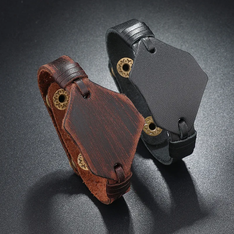 

Vintage Genuine Leather Geometric Cuff Bracelet Men's Punk Hiphop Wrap Wristband Bangle Male Jewelry Gifts