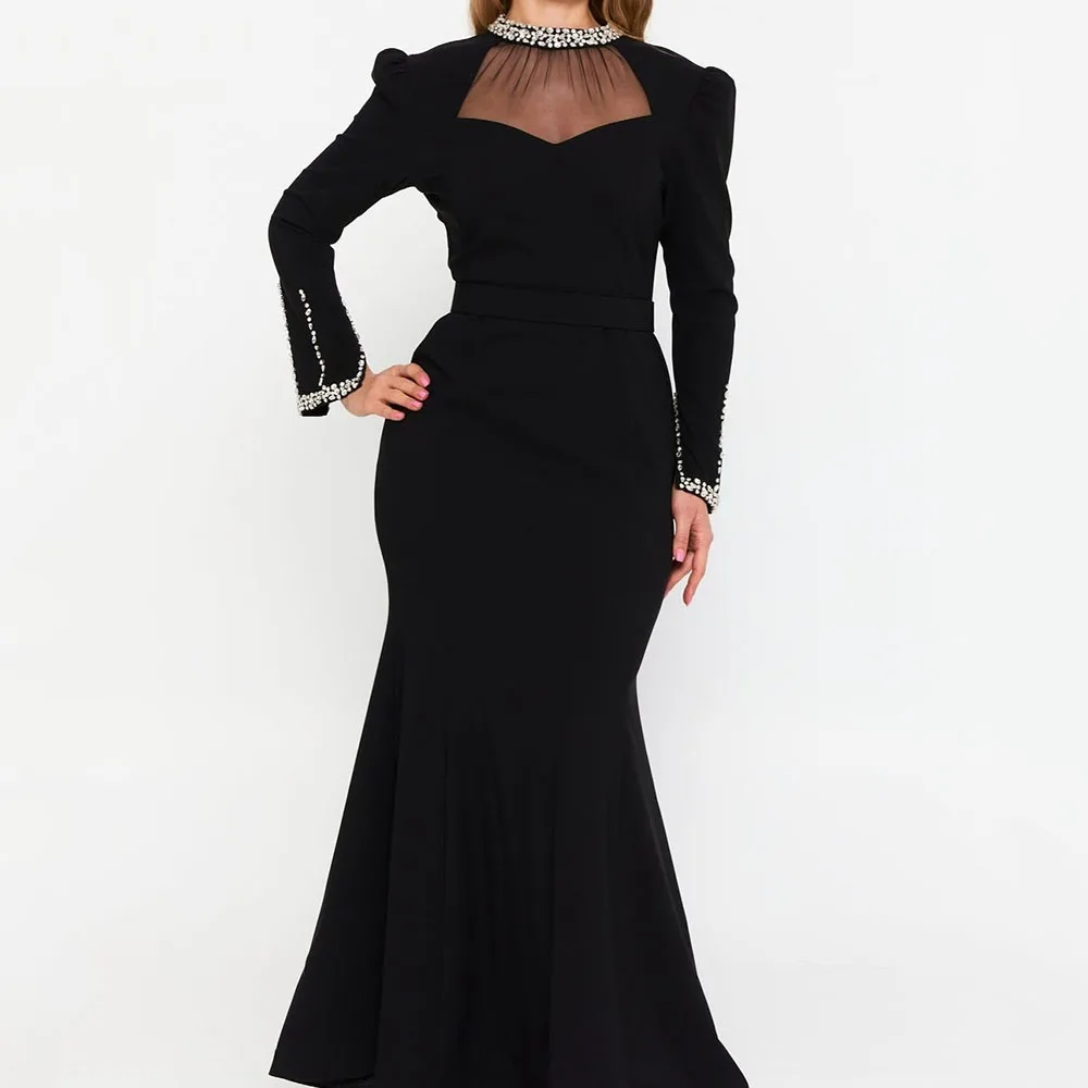 

Customized A-Line Prom Dresses Floor-Length High-Neck Full Sleeve Evening Gown Fashion Crystal Simple Draped Casual Party Gown