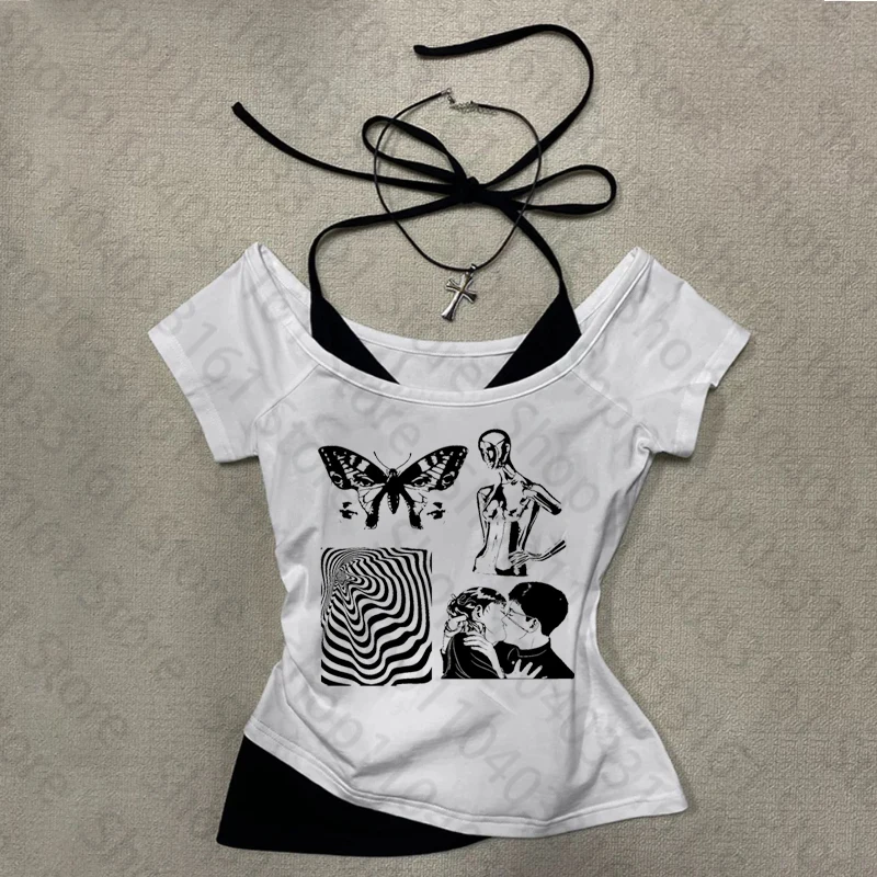 

2000s Clothes Y2k Retro Punk Tops Women Kawaii Printed Graphic T Shirts Y2k 90s Vintage Clothes Woman T-shirts Kpop Emo girl