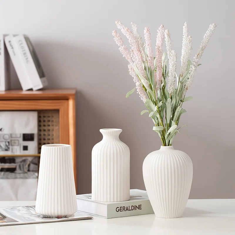 North Europe ins ceramic vase white frosted stripe florets simple living room imitation flower art decoration Free shipping