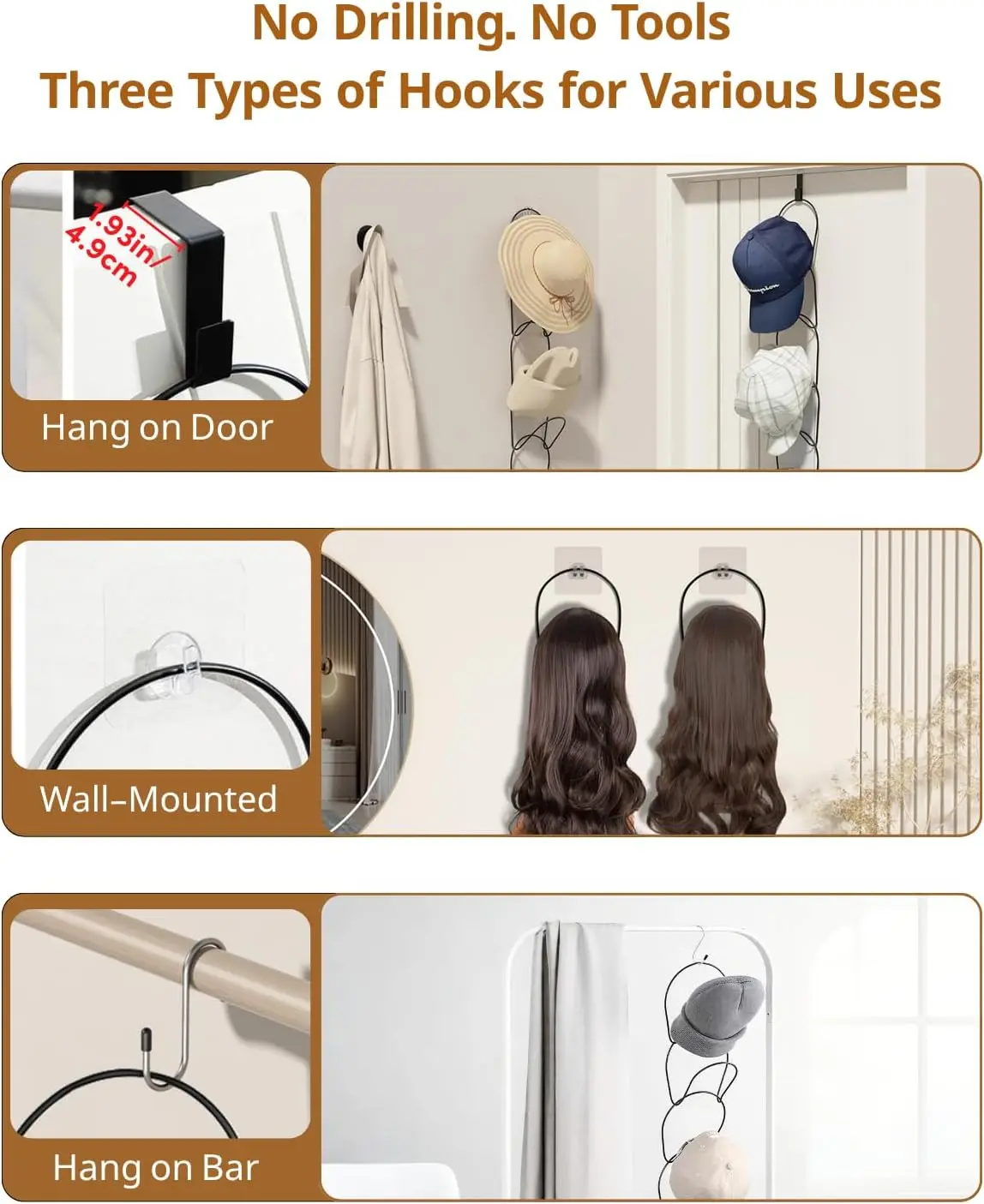 10 Pack Hat Rack Hanger for Closet Storage, Hanging Baseball Cap Organizer with Hooks for Scarves Handbags Towels, Black view 4