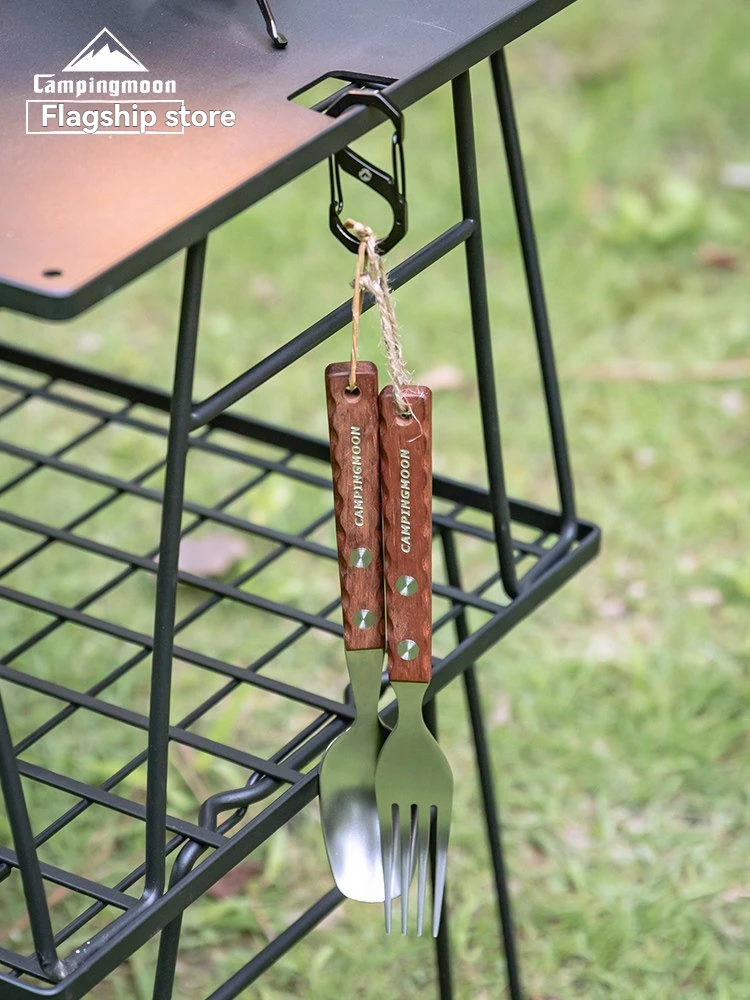 CAMPINGMOON Picknickgabel und -löffel aus Edelstahl mit Holzgriff CS-23, tragbares Outdoor-Camping-Mehrzweckbesteck