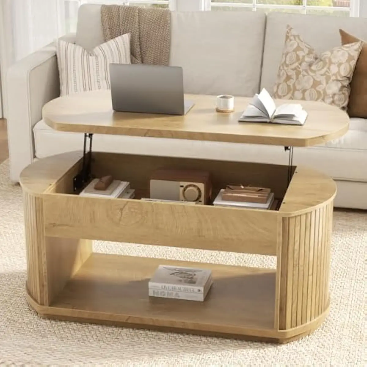 Oval Lift-Top Coffee Table with Fluted Sides and Concealed Compartment Engineered Wood Construction Mid-Century Inspired Vertica