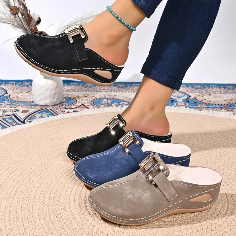 Autumn and Winter Women's Solid Color Shoes Comfortable Wedge High Heel Cotton Slippers Women Lightweight Casual Cotton Slipper