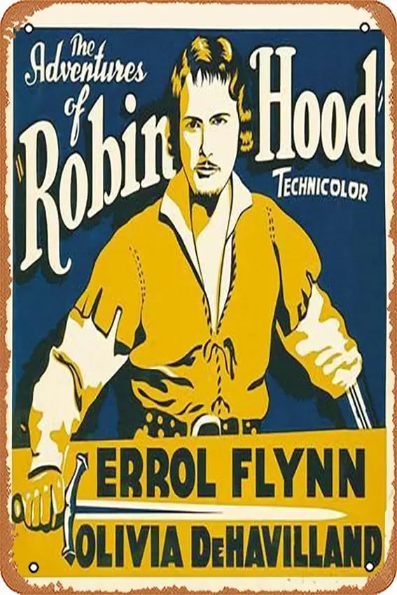 Metal Tin Sign  - THE ADVENTURES OF ROBIN HOOD, Errol Flynn on jumbo window card, 1938 Poster Plaque Cafe, Bar, Home Wall Decor