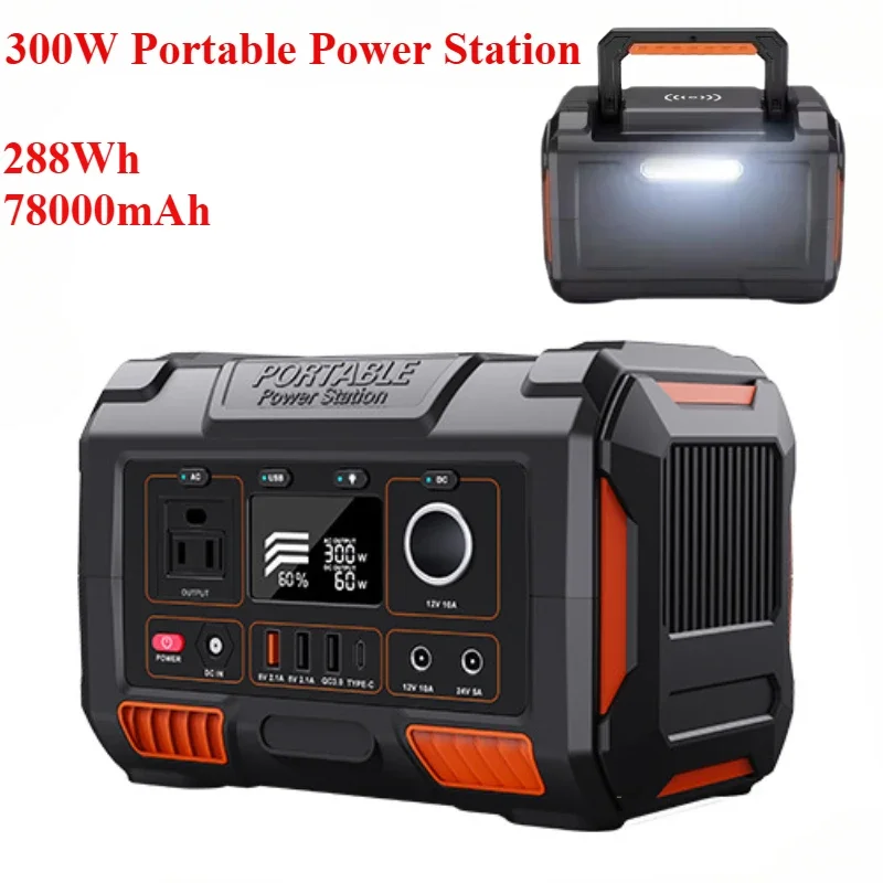 

300W Portable Power Station Solar Generator 288Wh/78000mAh Wireless Charging, Backup Battery Outdoor Emergency Mobile Power Bank