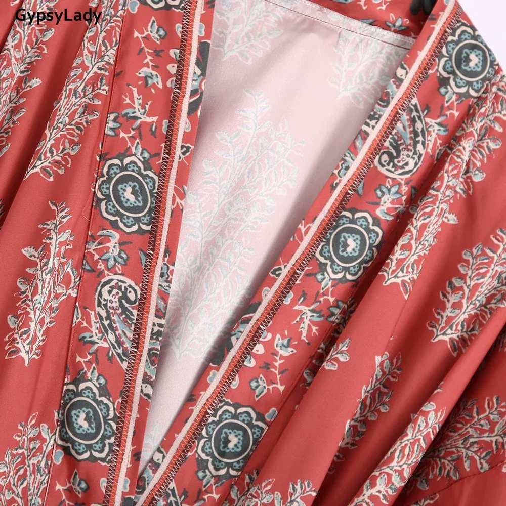 GypsyLady Red Floral Vintage Long Cardigan Kimono Autumn Long Sleeve Boho Blouses Belted Girls Holiday Pocket Bikini Cover Top