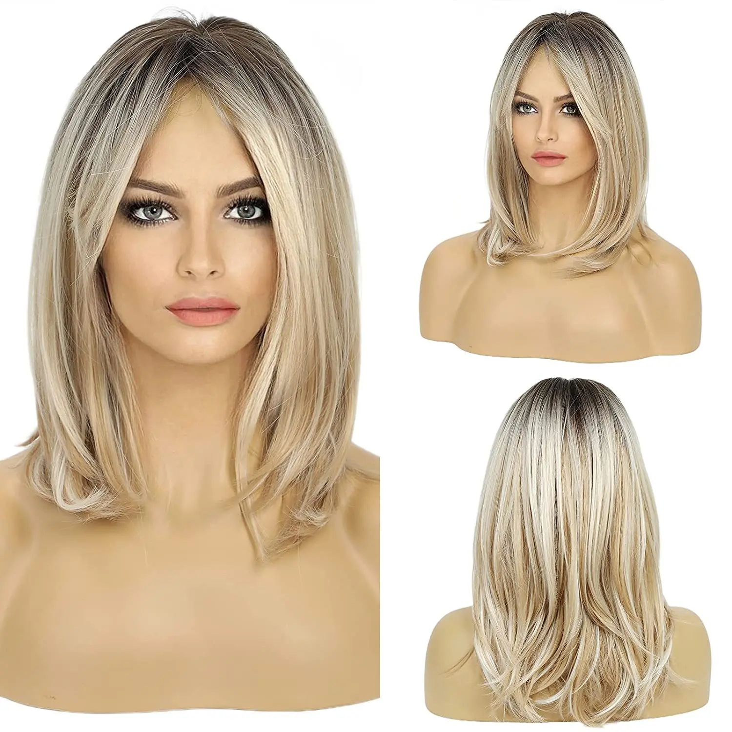 Middle Part Bob Wigs Full Machine Made Bone Straight Human Hair Wigs Blonde Honet Highlight Hair wigs easy to go Synthtic hair