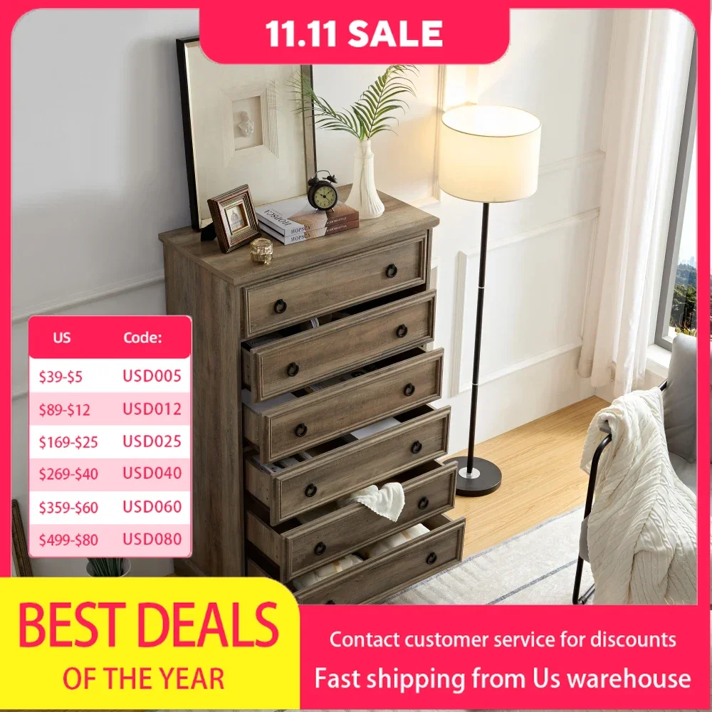 

6 Drawer Dresser, Tall Chest of Drawers Closet Organizers & Storage Clothes - Easy Pull Handle, Living Room Hallway Cabinet