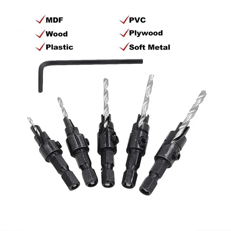 5PCS Woodworking Countersunk Head Drill And Chamfering One Piece Hexagonal Handle Countersunk Fried Dough Twist Drill