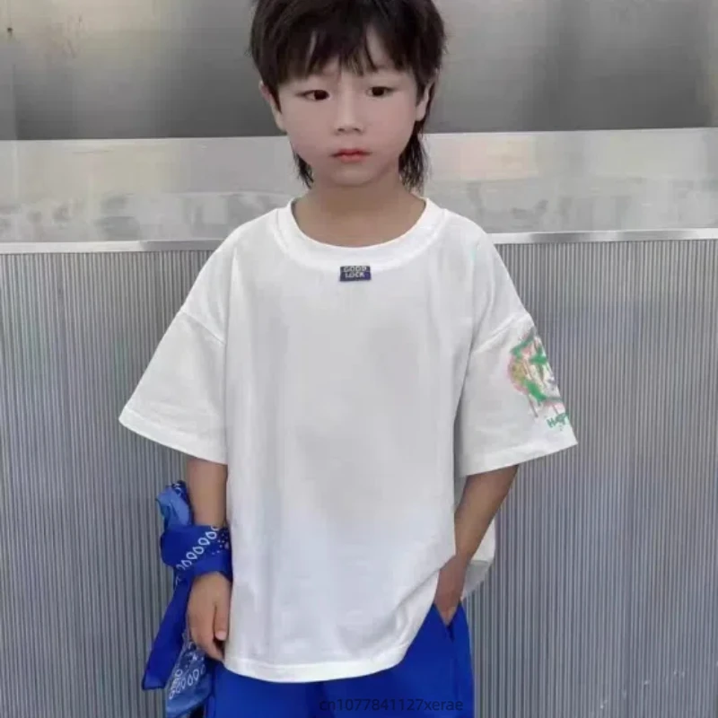 Girl's Jazz Dance Performance Dress, Children's Summer Loose Street Dance Performance Dress, White T-shirt+Blue Pants Set