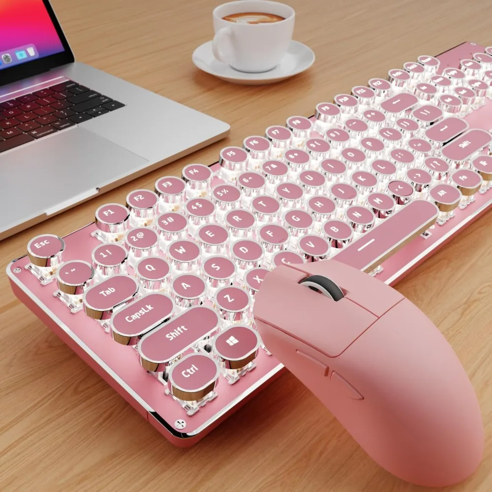 Wireless Keyboard & Mouse Set - Backlit Clicky Blue Switches, Rechargeable, Compatible with Mac, Windows