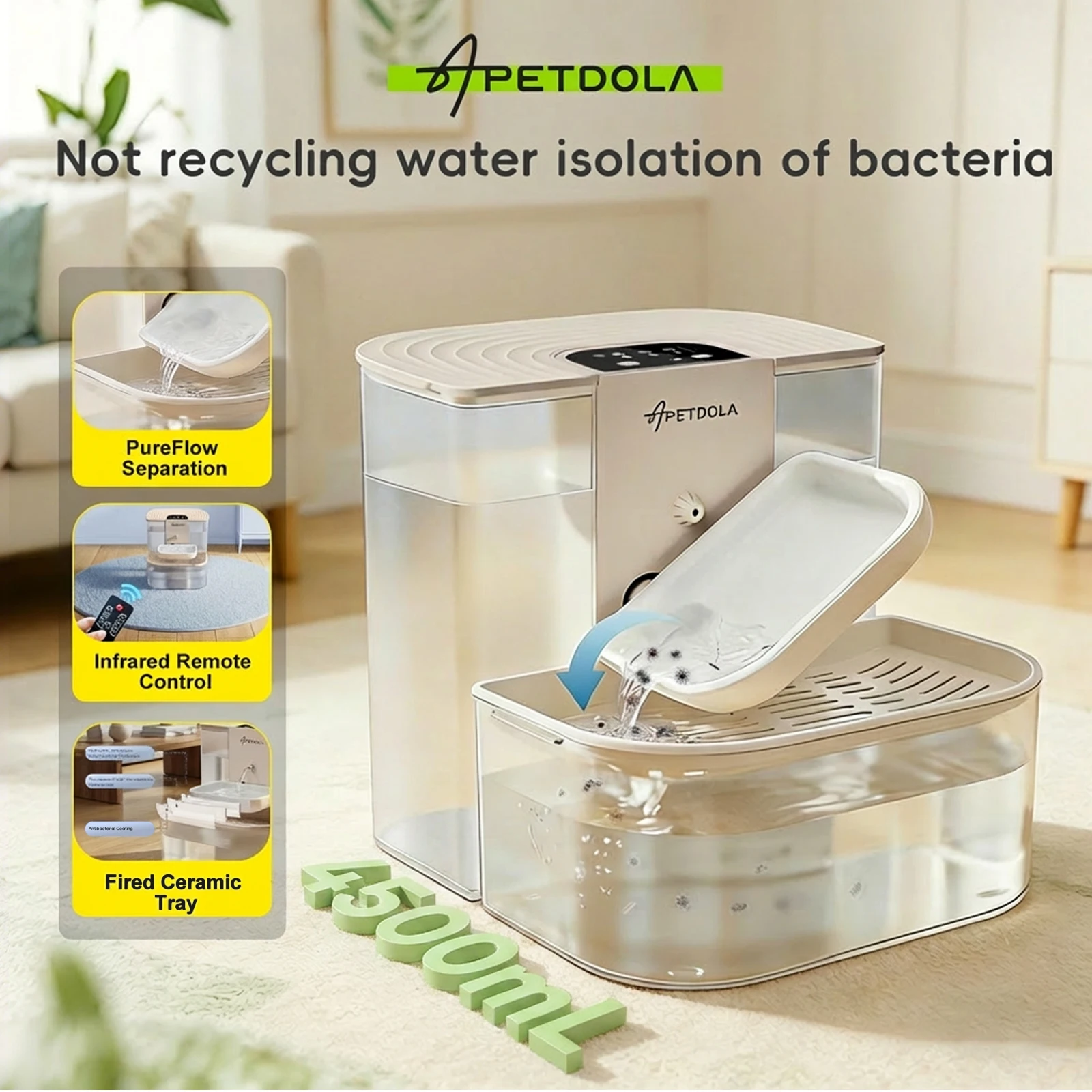 

APETDOLA No Filter Cat Water Fountain Automatic Pet Water Dispenser Clean Water Separation Smart Timer Quiet 4000mAh Cordless
