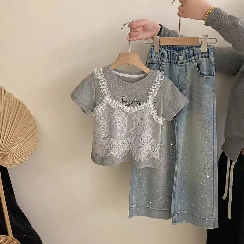 Girls' Summer Korean Edition Set Lace Fake Two piece Short sleeved T-shirt New Middle and Large Children's Loose Cowboy Pants 3